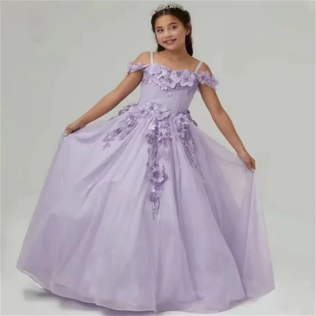 

Лавандовые платья с цветочным узором для девочек на свадьбу, цветочные аппликации из бисера, пышные детские платья для девочек на день рождения, платья для первого причастия