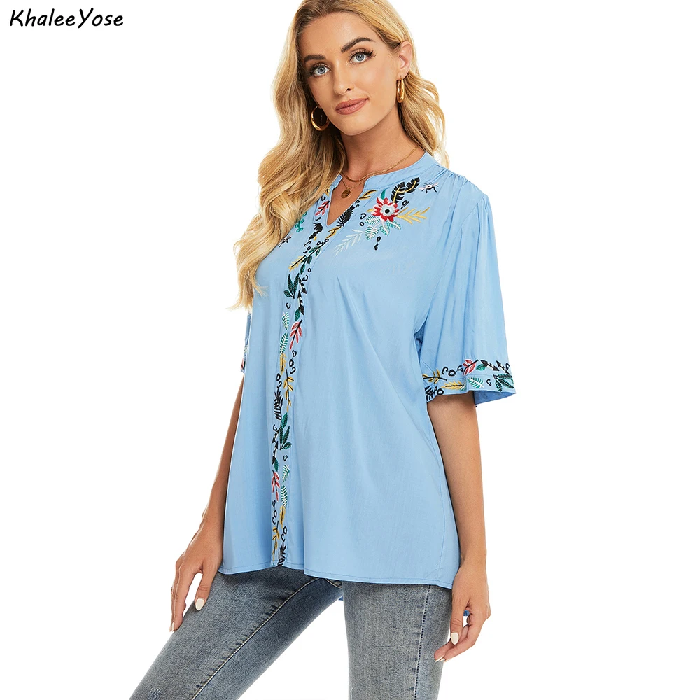 KHALEE YOSE Floral Embroidery Blouse Shirt Cotton Summer Chic Mexican Women Shirt Blue Loose 2xl 3xl Ethnic Ladies Shirt Tops