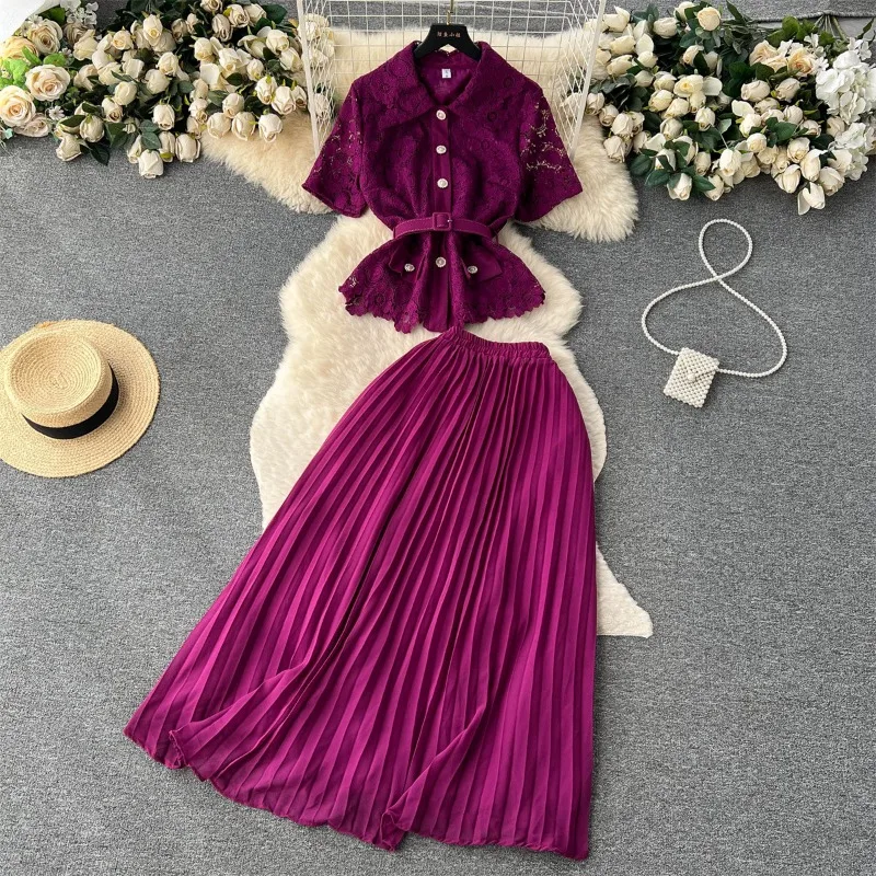 

2025 New Vintage Elegant Office Matching Sets Short Sleeve Belted Openwork Lace Shirt and Long Pleated Skirt Sets Womens 2 Piece