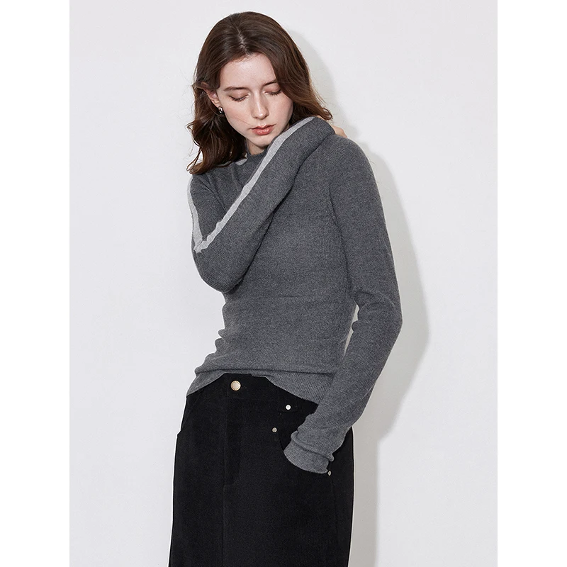 TOYOUTH Women Knitted Sweater 2024 Autumn and Winter New Turtleneck Collar Color Contrasting Knitted Tight Pullover Sweater Tops