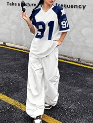 2025 Summer New 91 Print T-Shirt For Women Patchwork V-Neck Short Sleeve Mesh Sports Football Jersey Y2K Loose Oversized Tops