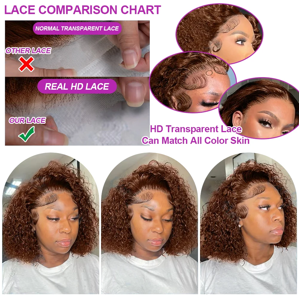 Wig Rambut Manusia Jerry Kinky Curly Cokelat Coklat Tua Tanpa Lem # Wig Frontal Lace HD 13x4 Deep Wave 4 Warna untuk Wanita, Kepadatan 250%