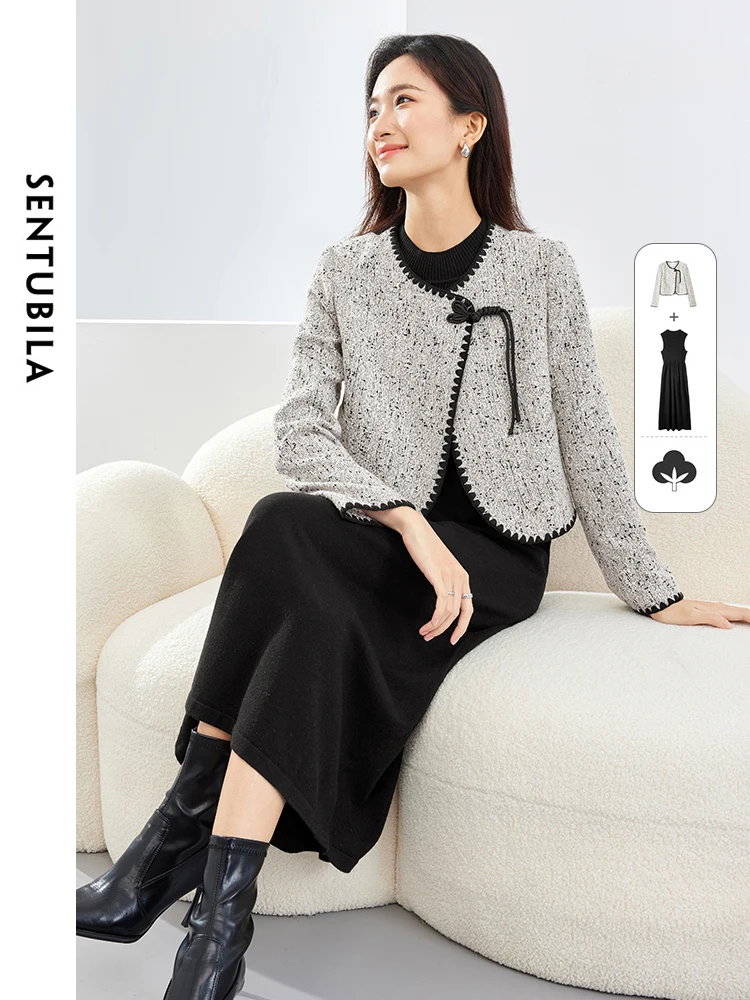 

SENTUBILA Tweed Two Piece Set Women Outfit 2024 Spring Autumn Chinese Contrast Tweed Jackets Knitted Tank Dress Sets 741Z52898