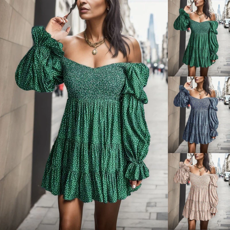 

Boho Dot Print Elastic Pleated Chest Wrap Dress Sexy Off Shoulder Ruffles Lantern Sleeve Holiday Mini Dresses Chirstmas