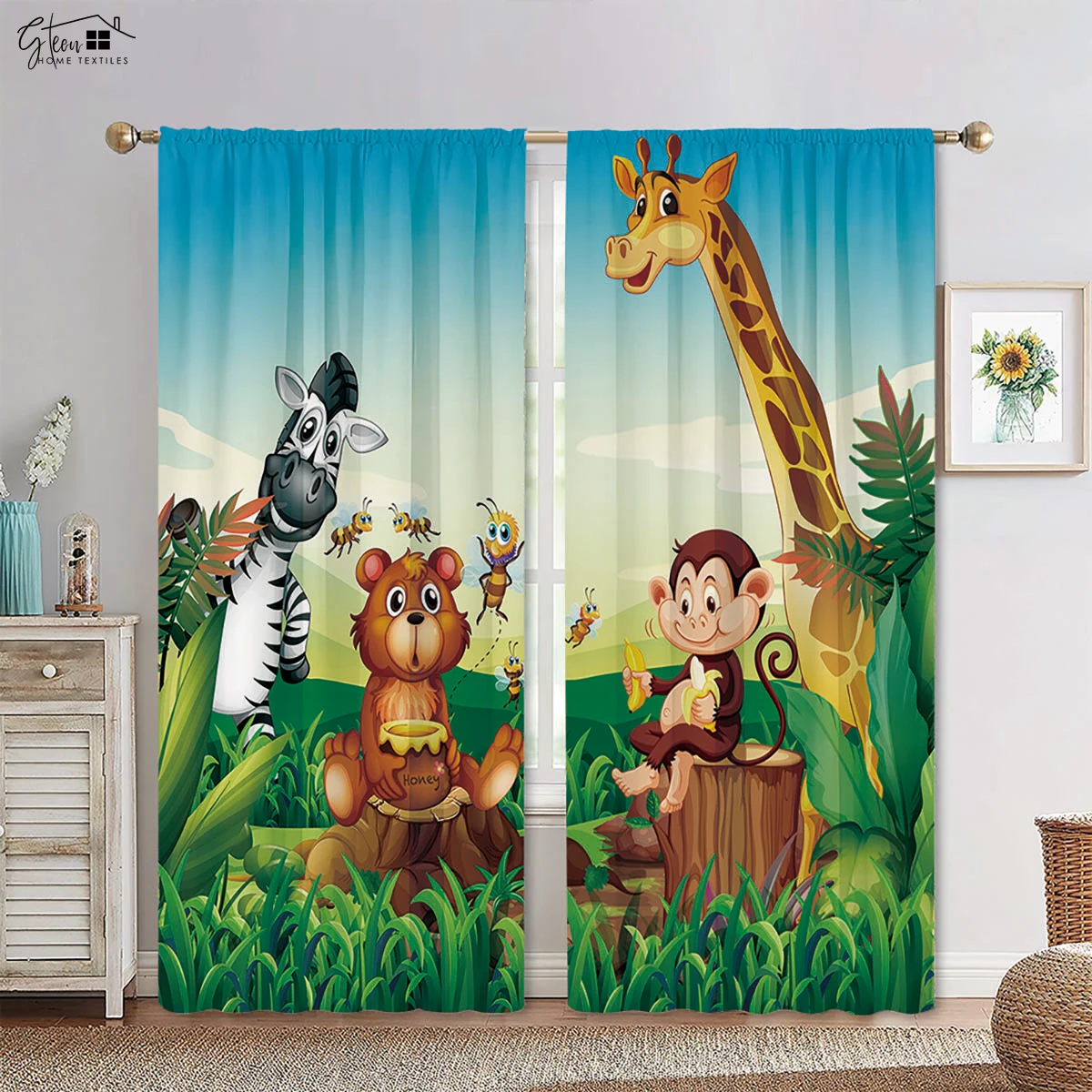 Cartoon Animal Curtains Tiger Lion Bear Elephant Monkey Zebra Deer Fox Crocodile Rhino Snake Turtle Owl Children Curtains 2PCS