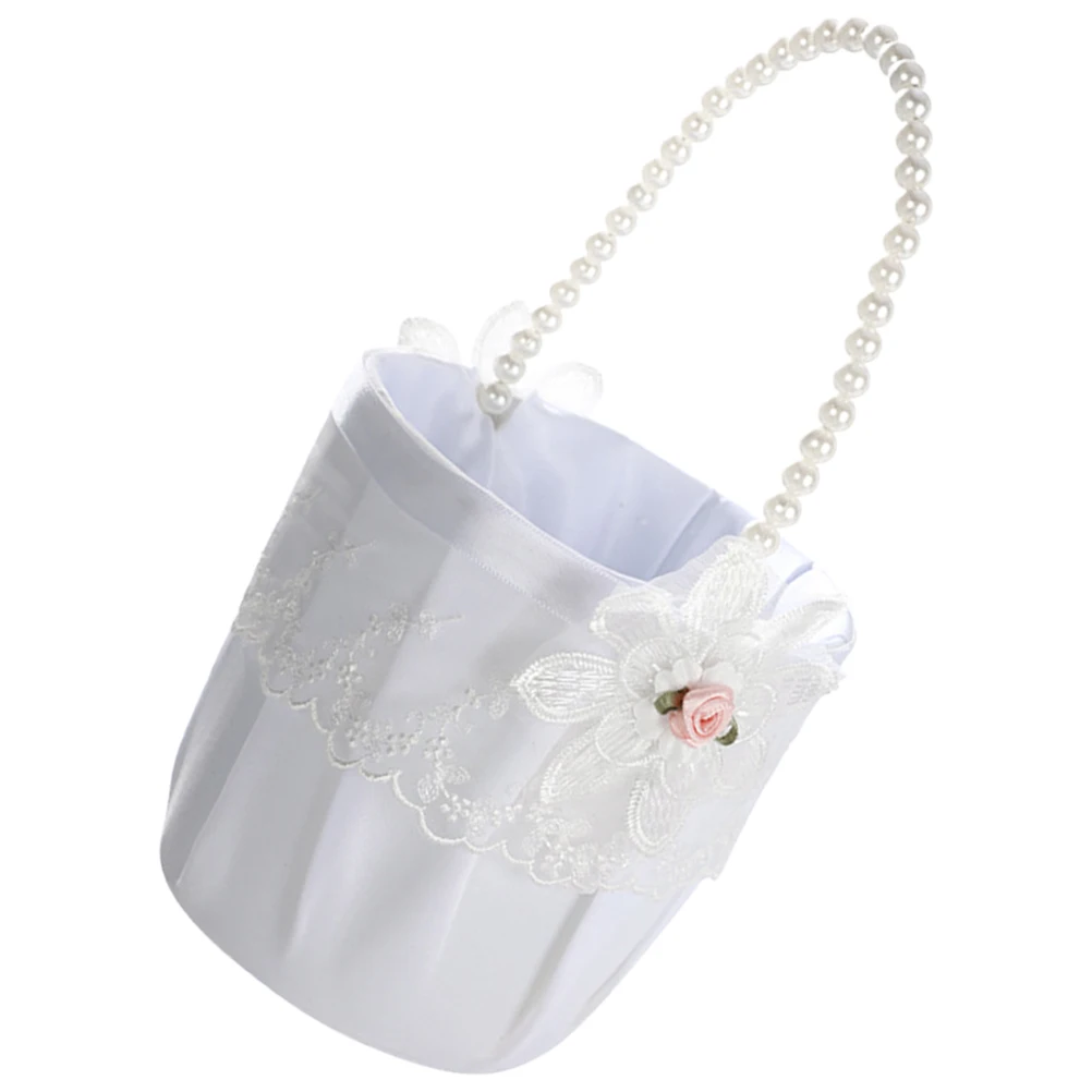 

White Wedding Flower Basket Small Handle Baskets for Flowers Girl Elegant Lace Design Pearl Decoration Storage Container