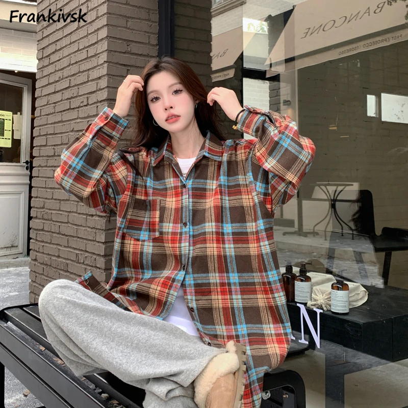 Plaid Shirts Women Casual All-match Contrast Color American Retro Streetwear Long Sleeve Hotsweet Aesthetic Popular Summer Daily