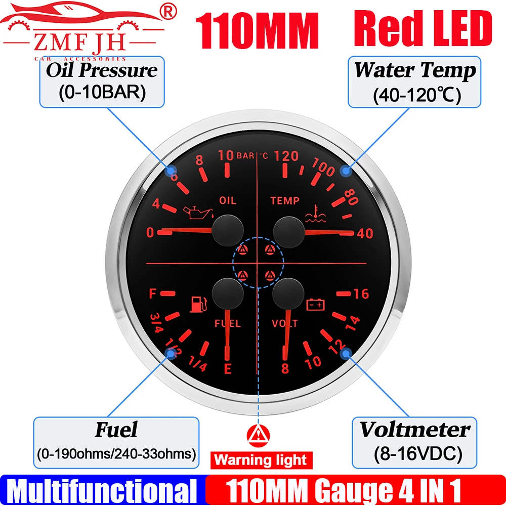 

ZMFJH авто лодка мультиметр 110 мм манометр сигнализация 0-10 бар давление масла + измеритель температуры воды + датчик уровня топлива 0-190 Ом + вольтметр 12 В