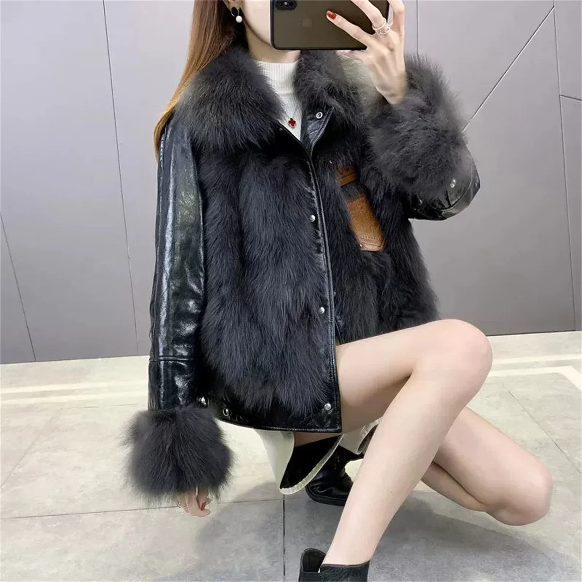 Fox Fur Grass Coat Women's Short Fashion Pocket Winter Coat Fur One Piece Cotton Coat