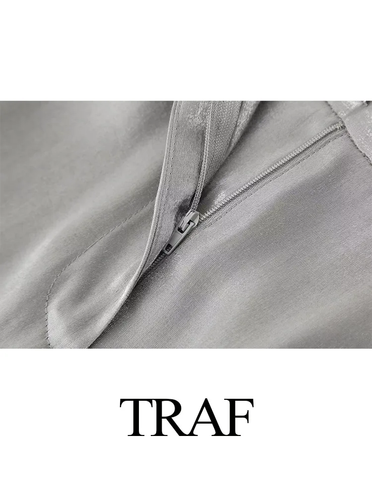 TRAF-Pantalon Surintendant Argenté pour Femme, Taille Haute, Décontracté, Long, Poches, Fermeture Éclair, Chic, Jambes Larges, Nouvelle Mode, Printemps