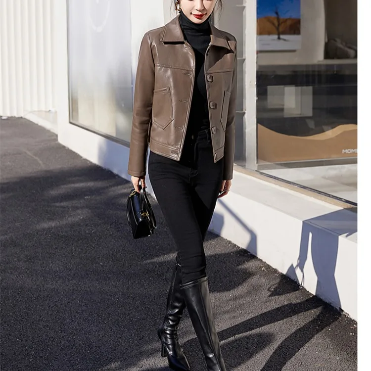   Ning جلد طبيعي Jaet المرأة ort Sle 2025 جديد ربيع الخريف Faion سليم صالح دراجة نارية eep معطف جلد