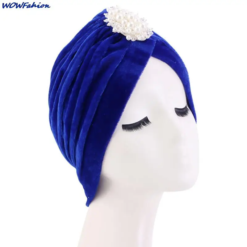 Ladies Flannel Pearl Diamond Jewel Turban Hats For Women Chemo Bandana Hijab Pleated Indian Cap Turbante Hat