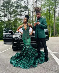 Hunter Green Long Prom Dresses For Black Girls Customized Crystal Beaded African Evening Party Gown Flowers vestidos de noche