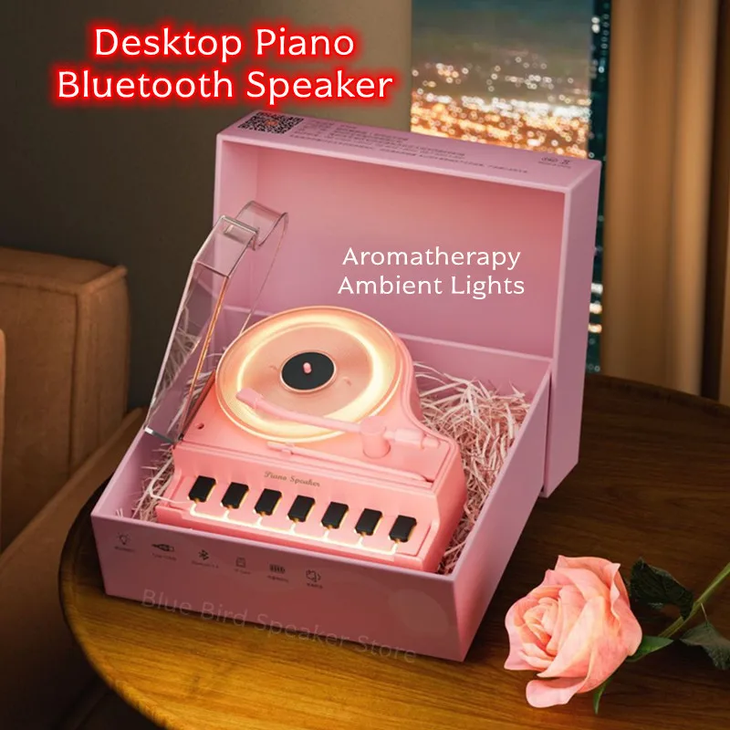 Retro Music Player Aromatherapy Ambient Lights RGB Colorful Subwoofer HIFI Stereo Piano Shape Bluetooth Speaker Children's Gift