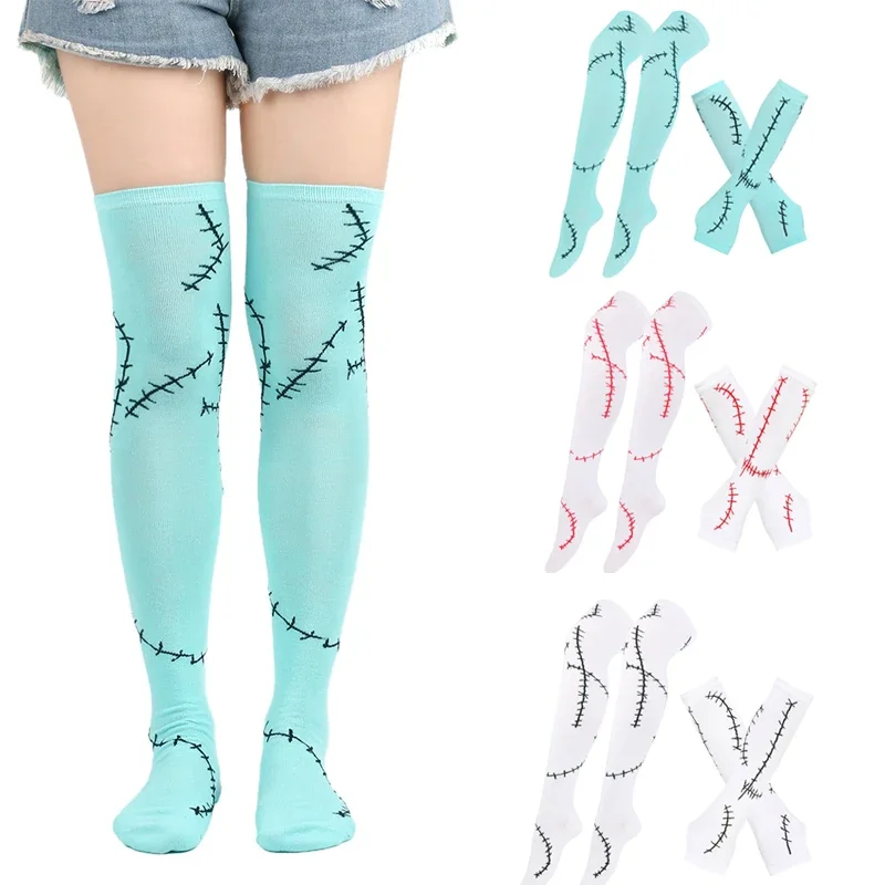 

Женские чулки до бедра для косплея на Хэллоуин, варежки, перчатки с рукавами, комплект, женские черные, белые длинные гольфы выше колена