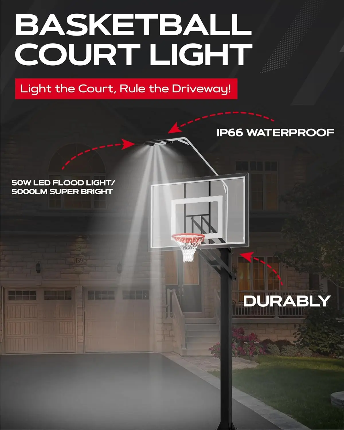 LED Basketball Hoop Lights for Metal Stands, 103.9x15x27.5 in, Fits Square Poles up to 4" and Round up to 3.7", In-Ground Hoop, Easy Install - view 2