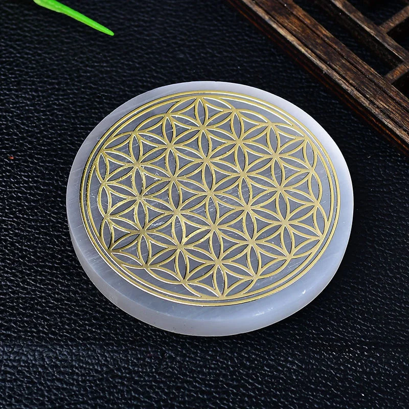 1pc Selenite Flower Charging Plate, Flower of Life Circle, Selenite Slab, Flower of Life Selenite Plate, Fibrous Gypsum Selenite