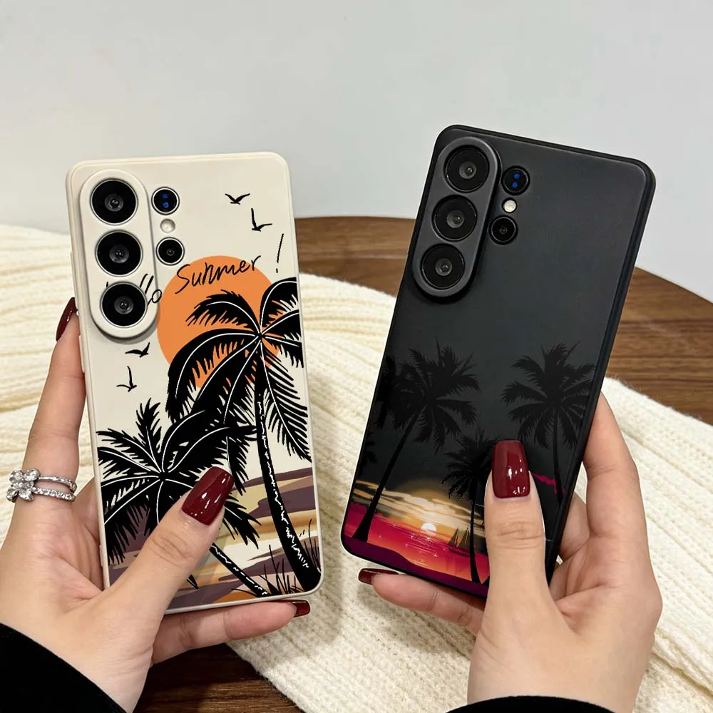 Cartoon Sunset Palm Tree For Samsung Galaxy S26 S25 S24 S23 Note 10 20 Plus Edge Ultra Lite FE Soft Phone Case Cover