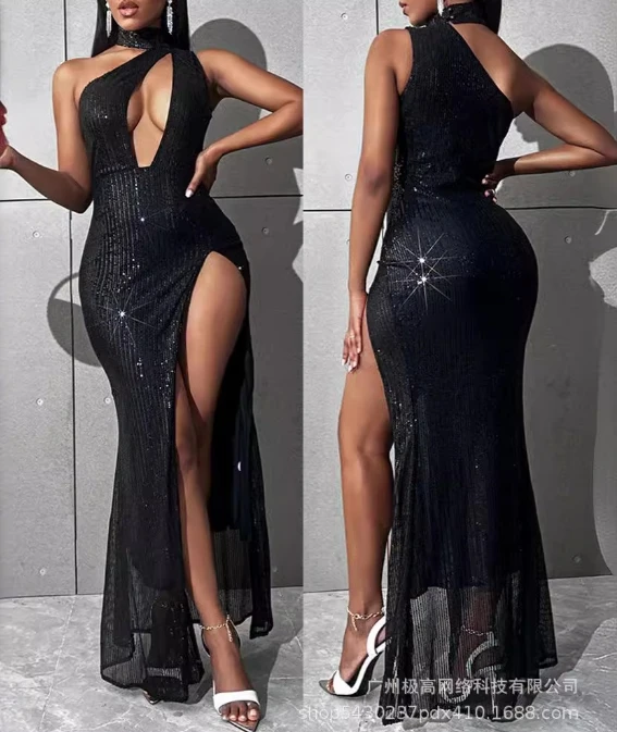 

Women Sexy Party Dress Hollow Out Temperament Commuting 2024 Summer Women's Elegant Black Sequin High Split Sleeveness Dresses