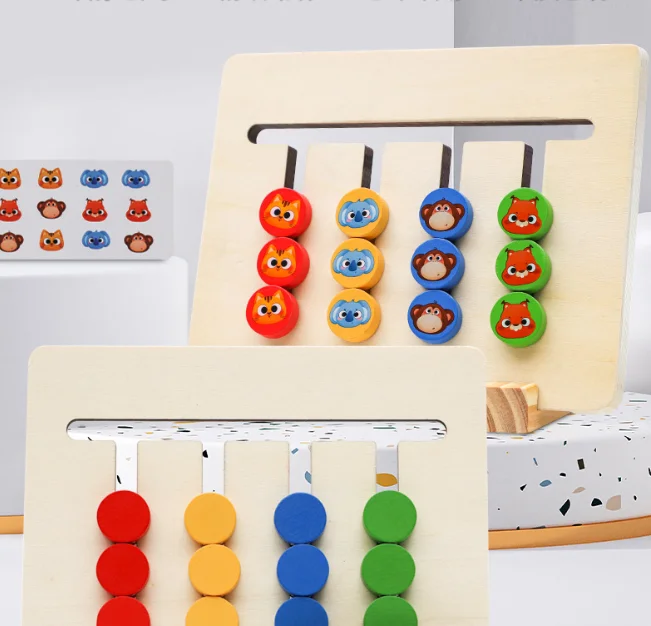 Double-sided Wooden 4 Color Slide Puzzle, Montessori Logic Sorting Game, Early Educational Toy for Toddlers Boys Girls