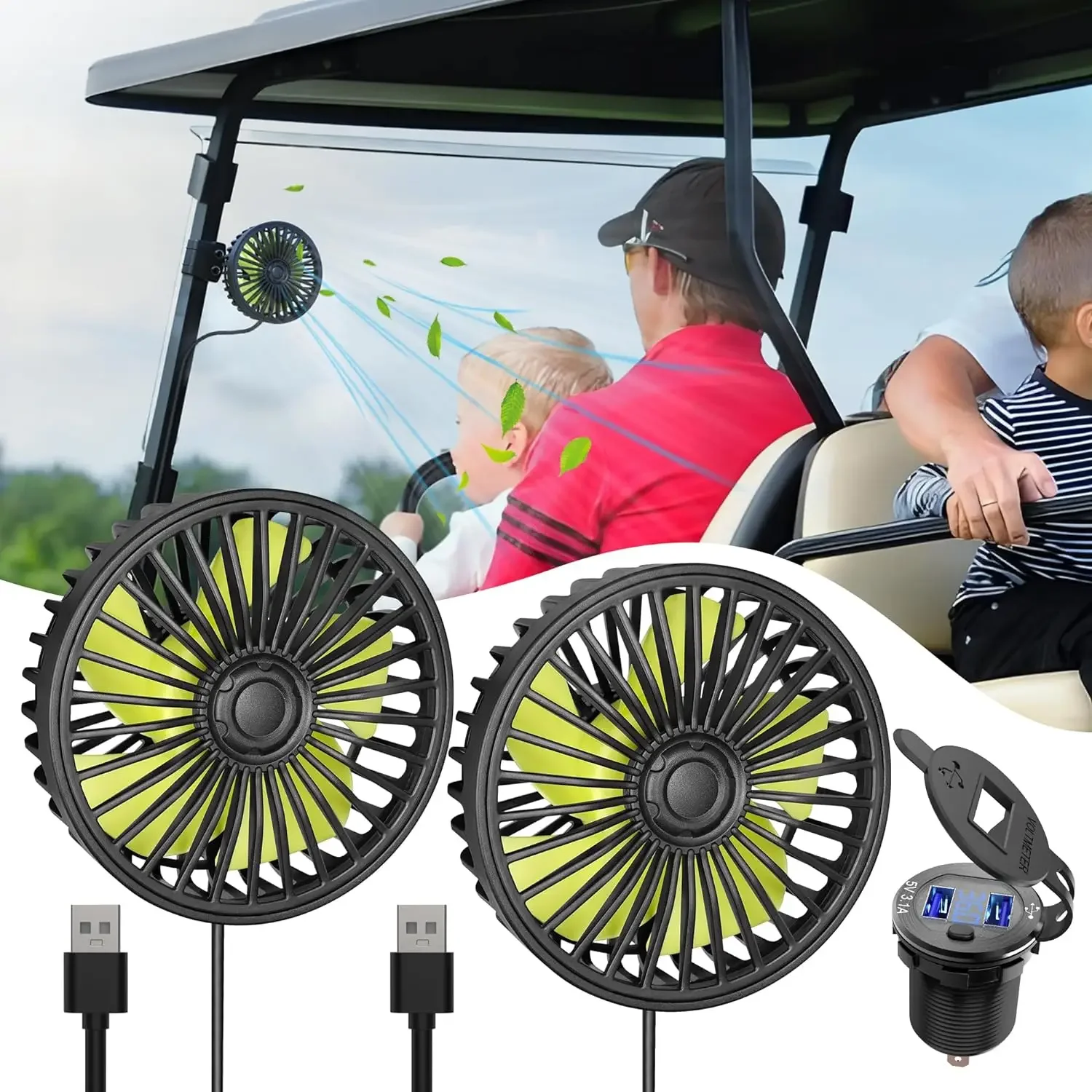 

Quiet and portable 10L0L Golf Cart Fan- USB Fan, a rechargeable clip-on fan perfect for EZGO and Club Car. This oscillating fan