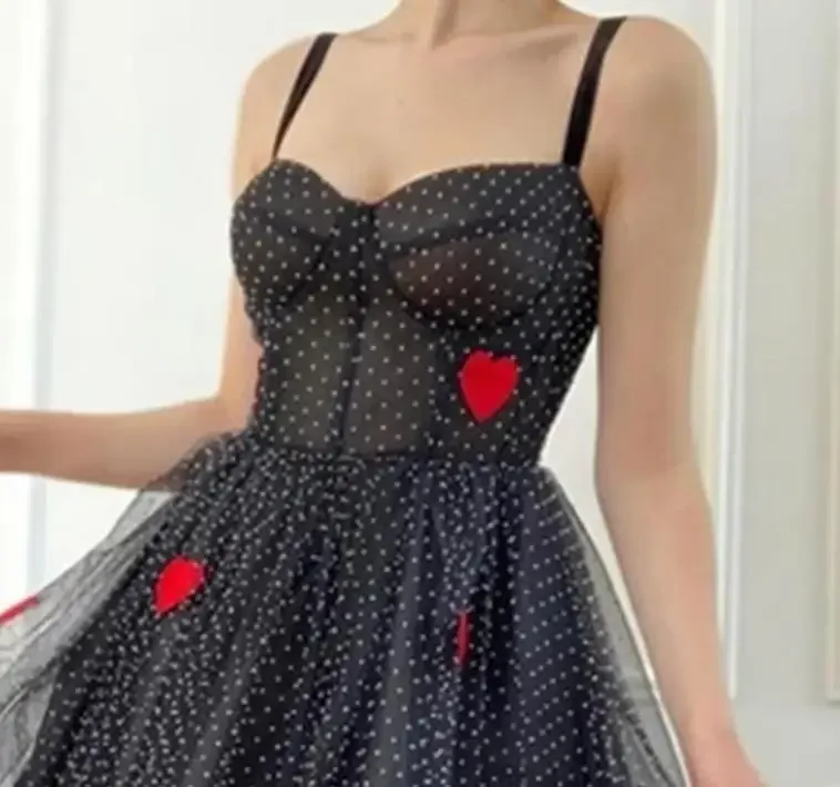 Women Summer Strap Shoulder Fairy Dress Black Sexy Woman Dot Tulle Sweet Red Heart Print Mesh French Sleevess Pleated Long Dress