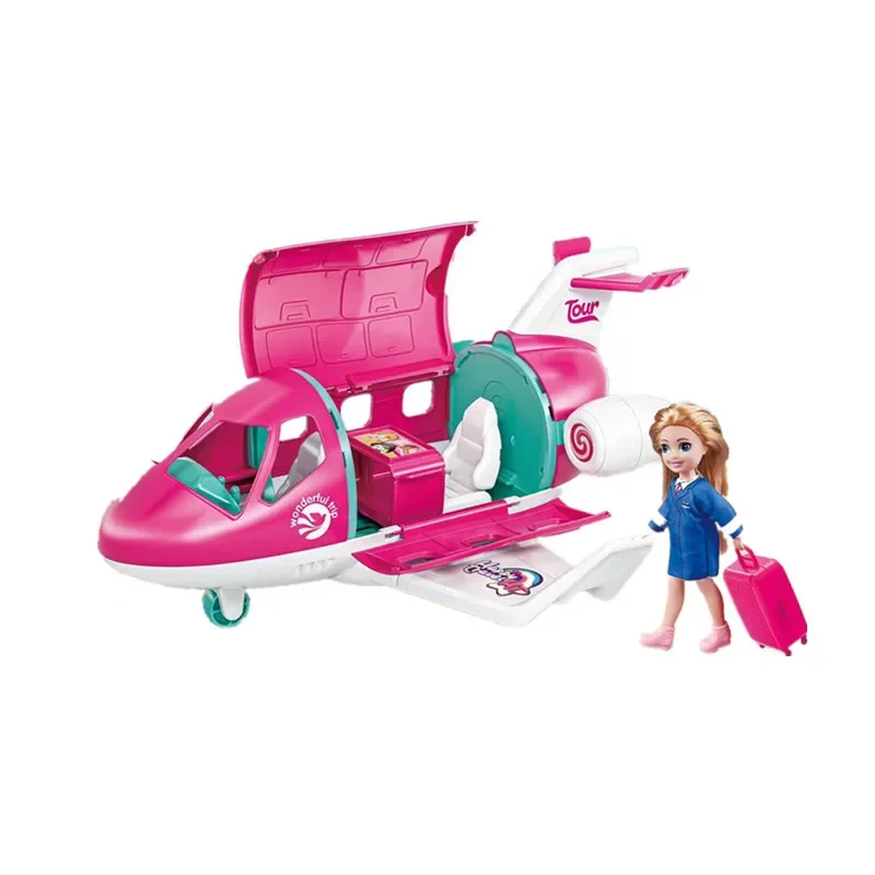 Fashion Doll Airplane Accessories Vehicle Trip Pilot Doll Pink Color Playset Including Suitcase for 3 Years Old Kids and Up Toys