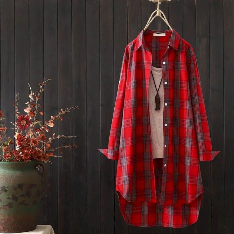 

Cotton Shirts for Women Vintage Plaid Polo-neck Long Sleeve Casual Korean Fashion Single Breasted One-piece Blouse Women Tops