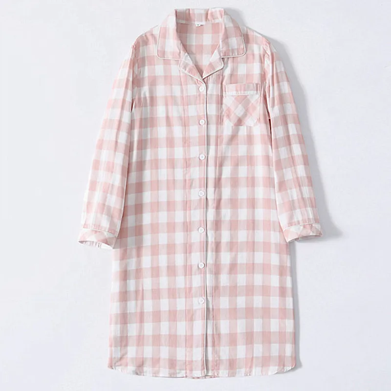 Spring Autumn Nightdress New 100% Cotton Double-layer Gauze Nightgowns Women's Plaid Long Sleeve Home Wear Sleeping Night Dress