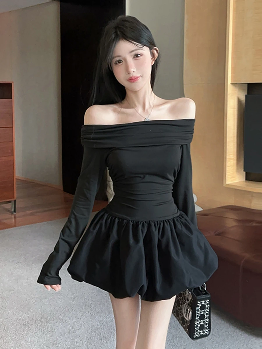 

Элегантное женское платье с одним открытым плечом, длинным рукавом, приталенное, с завышенной талией, А-силуэт, из полиэстера, для зимнего сезона