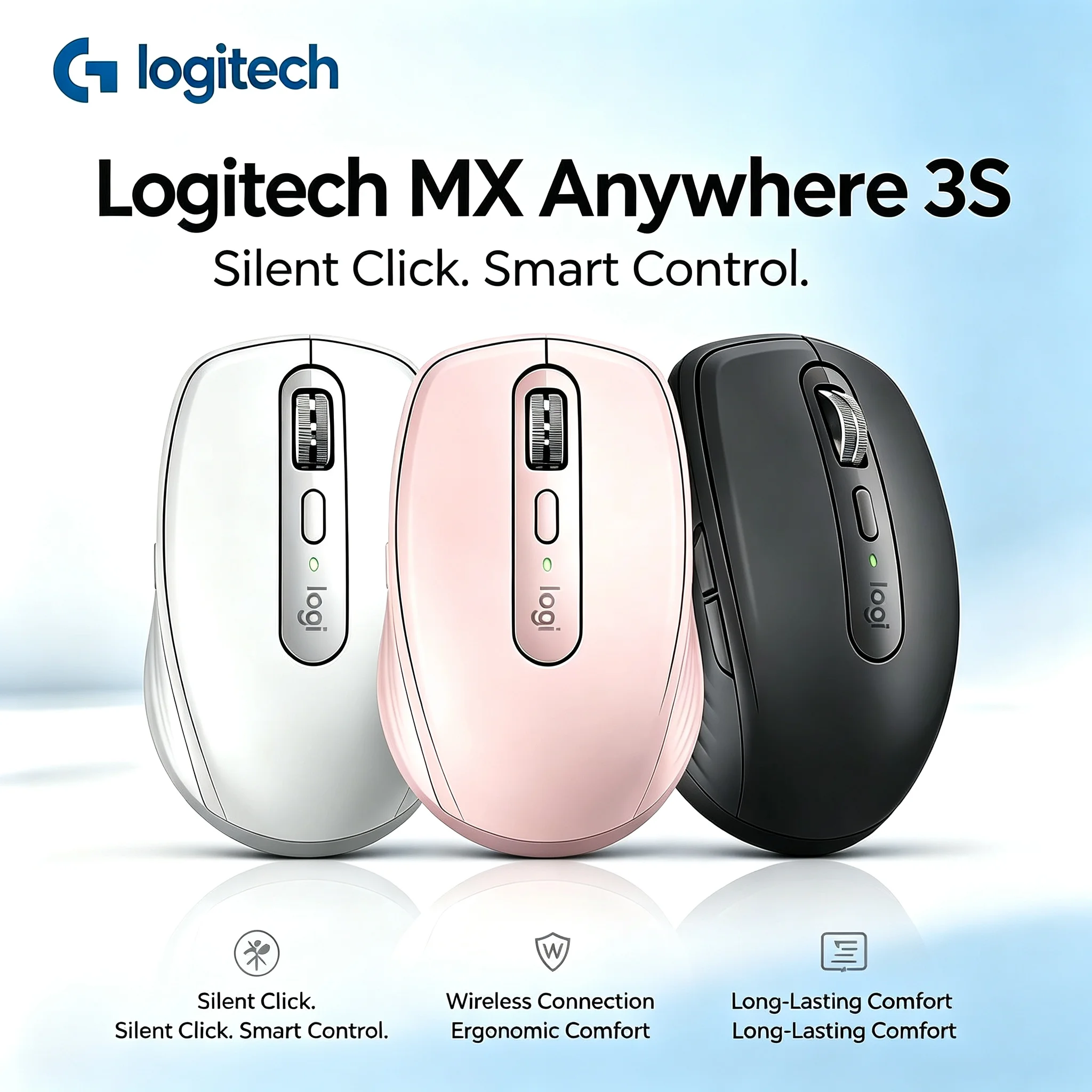 Logitech MX Anywhere 3S Wireless Rechargeable Mouse, Multi-Device Pairing, Silent Click Slim Office Mouse