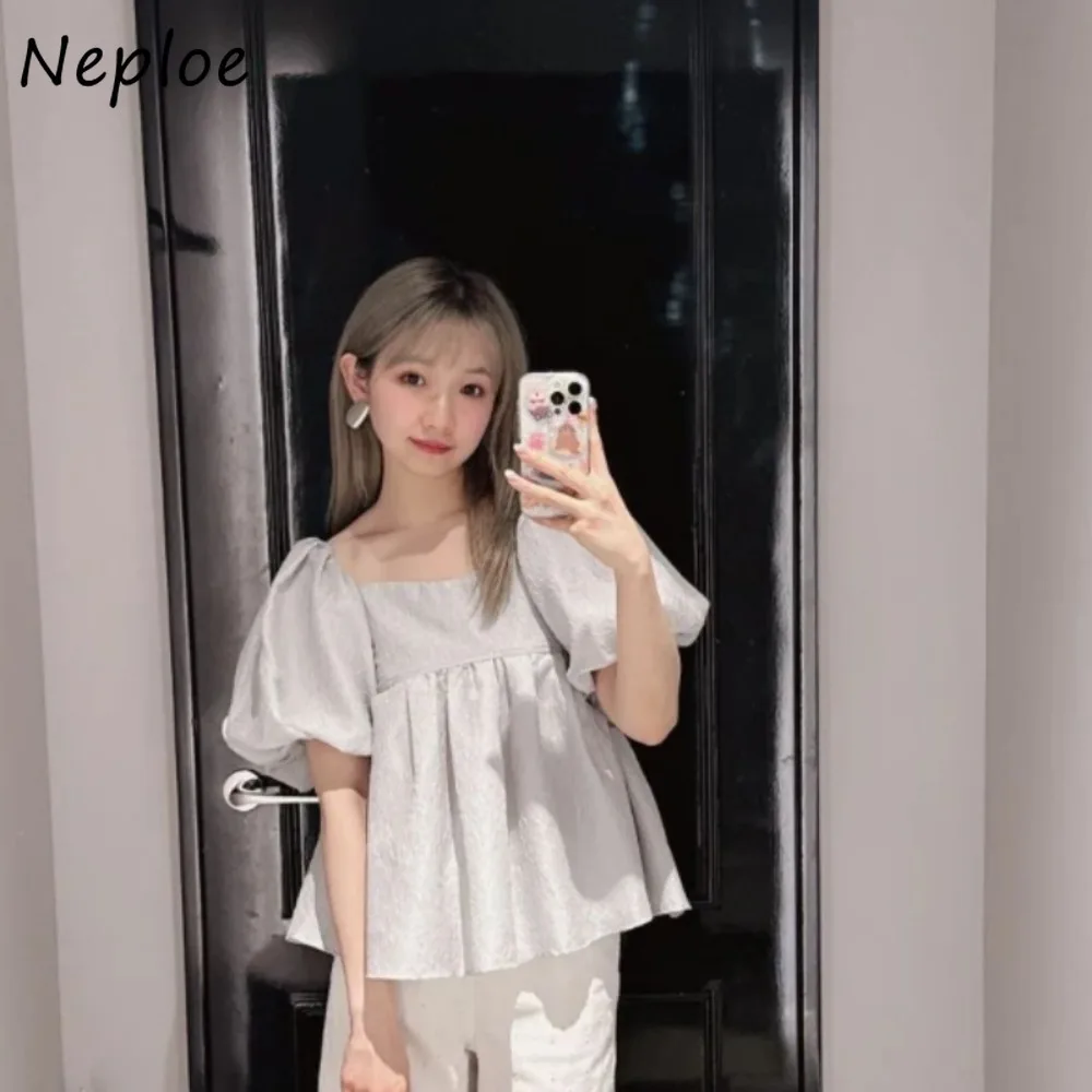 Neploe Sweet Slash Neck Puff Sleeve All-match Shirt Off Shoulder Casual Sling Two Wear Blouses Japan New Jacquard Weave Blusas