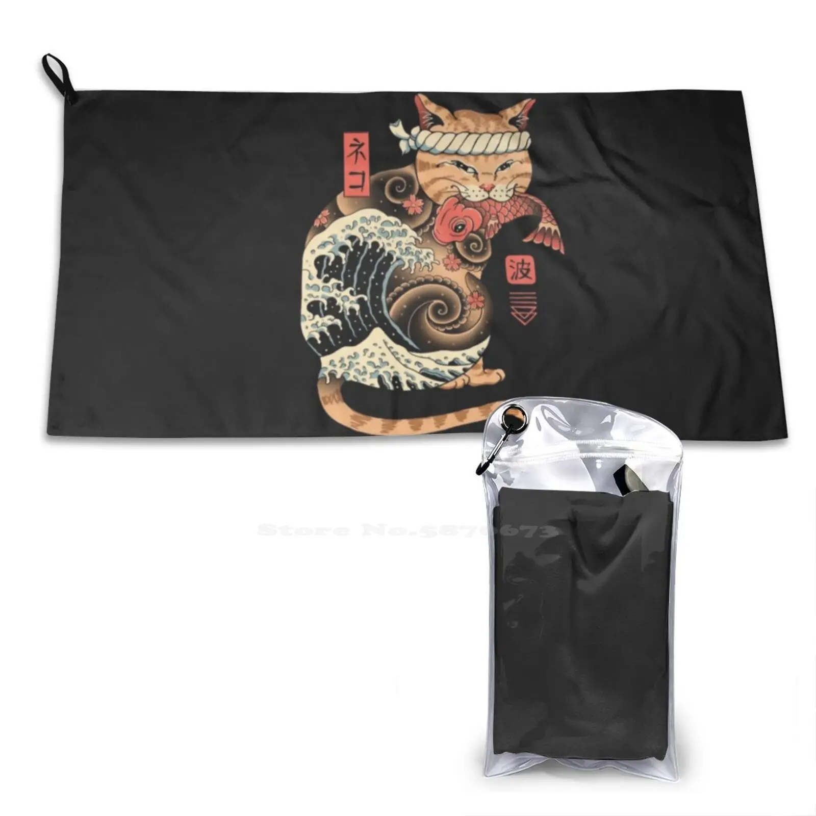 Catana Wave Microfiber Quick Dry Towel Beach Towel Cats Catana The Great Wave Hokusai Animals Felines Aesthetics Tattoo