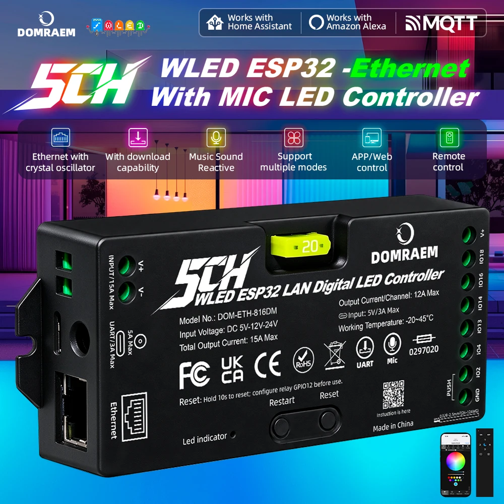 DOMRAEM ESP32 WLED Pro MAX 5CH LAN WiFi Controller Plug&Play Ethernet PDM Music Sync Relay External 20A Fuse WS281X LED Strip