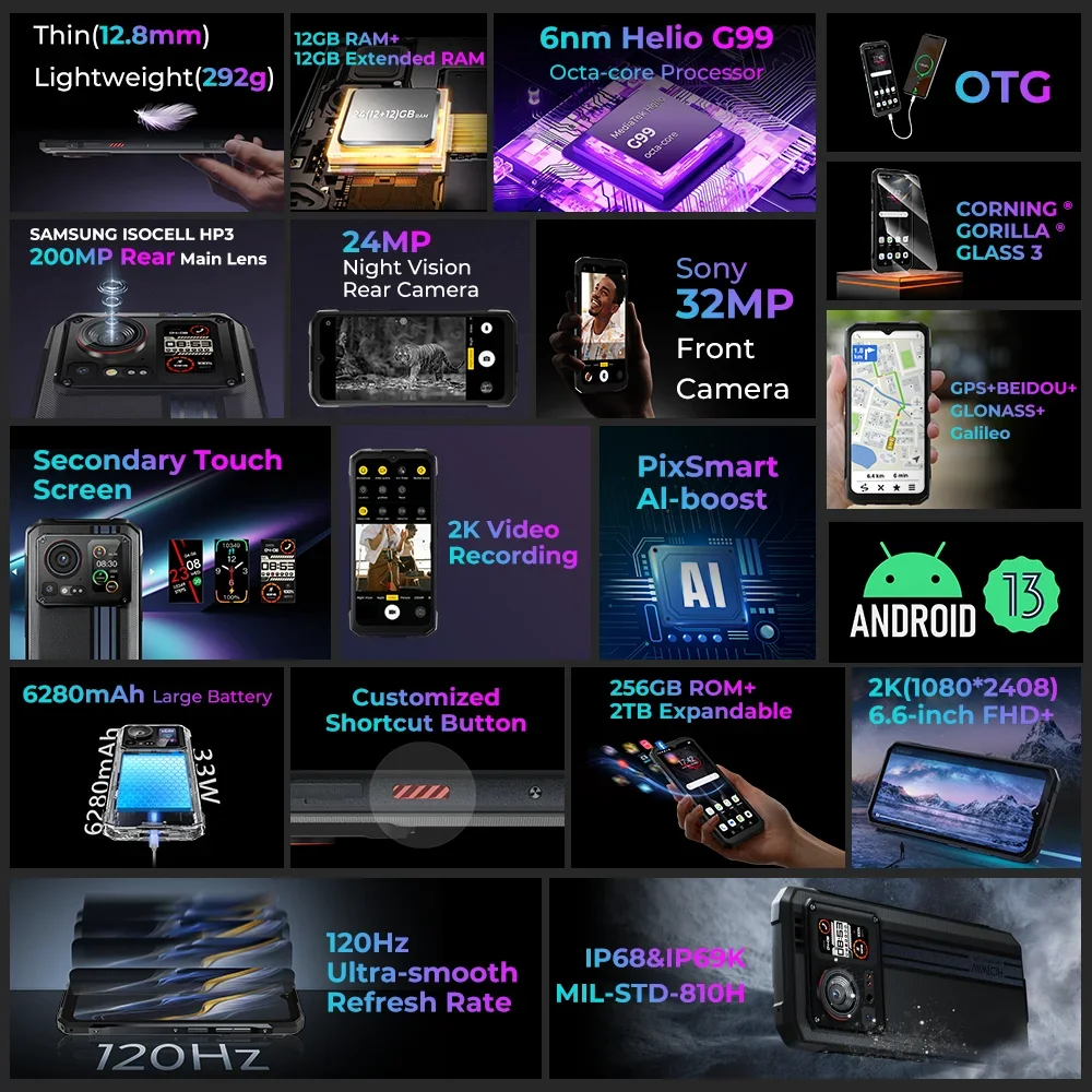 Rugged Phone 6.6 FHD+ 120Hz 200MP PixSmart G99  Smartphone 24GB 256GB Ultra-thin Mobile Phone NFC