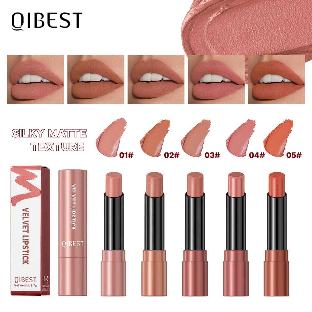 QIBEST Matte Lipstick Lasting Velvet Mist Nude Brown Red Lipstick Non-Stick Cup Classic Highly Pigmented Red Lip Stain Cosmetics