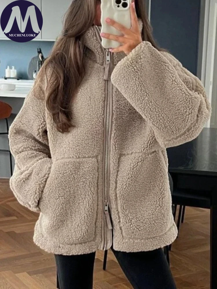 Women Winter Coat Thick Warm Lamb Wool Plush Jacket Casual Oversized Long Sleeve Tops Teddy Fleece Zipper Faux Lamb Overcoat