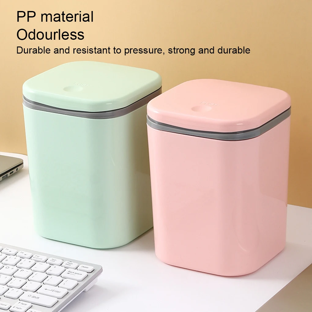 Trash Can Odorless Round Corner Button Switch Office Dust Bin Pink