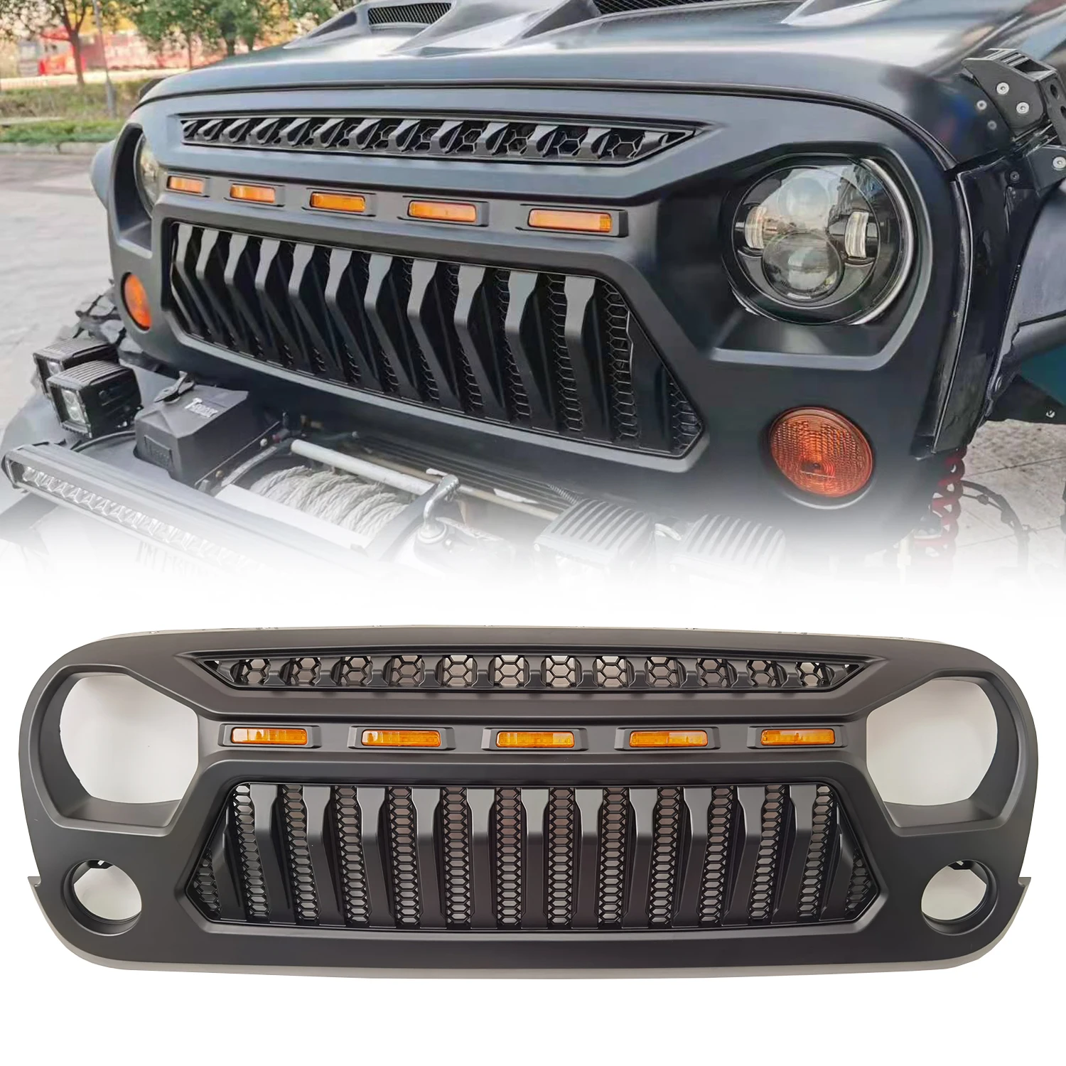 

Front Grille Car Grills with Amber Lamp for Jeep Wrangler JK 2007-2017 LANTSUN J395