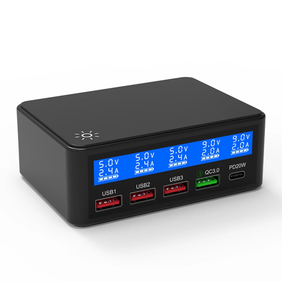 PD 20W USB Quick Charger 5พอร์ตจอแสดงผล LED Quick Charge QC3.0 Fast Charger สก์ท็อปชาร์จสถานีสำหรับ iPhone X 12 Xs 13ProMax