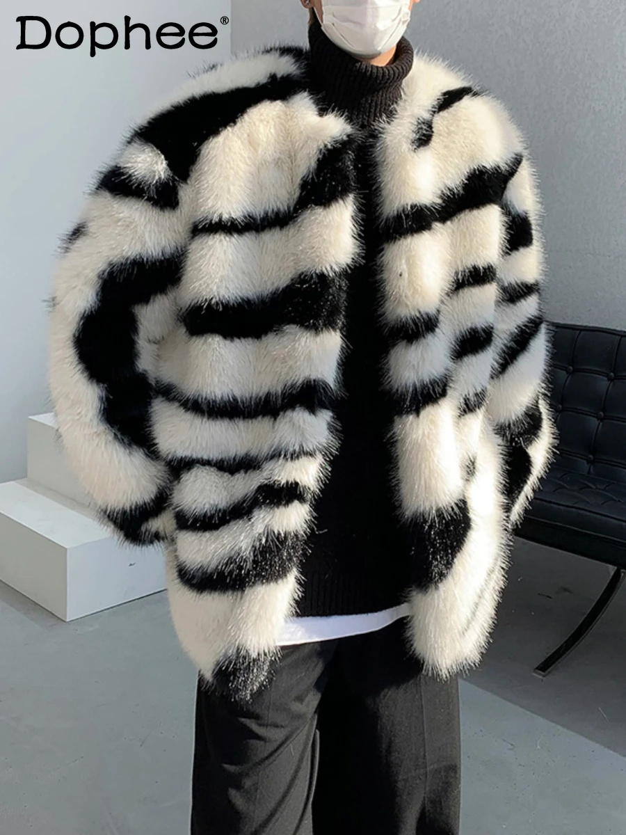 2024 Winter Men's Thickened Cotton-padded Top High-end High-street Chic Cotton Clothes Small Fragrant Zebra Pattern Fluffy Coat