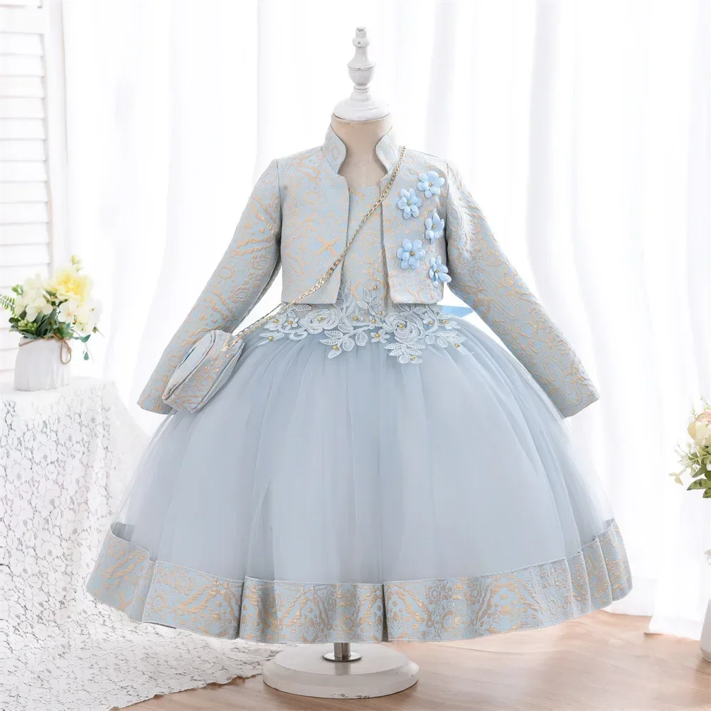 3pcs/set Puffy Dress for Girls Jacquard Pattern Tulle Patchwork Children Clothing 3D Appliques Casual Birthday Dresses