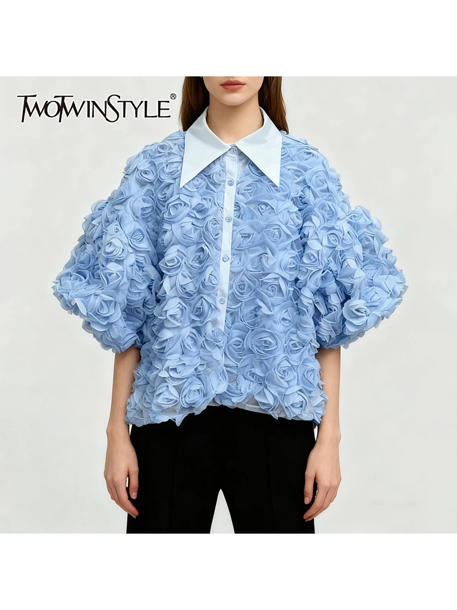 

TWOTWINSTYLE Solid Loose Spliced 3D Flower Elegant Shirts for Women Lapel Half Sleeves Patchwork Buttons Shirt Female Autumn New