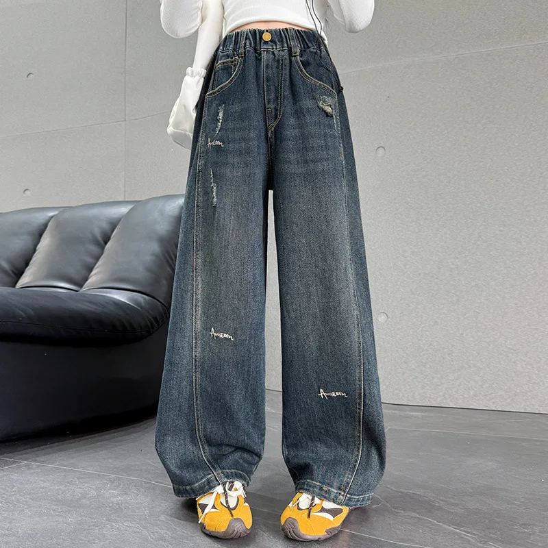 

Teenager Girls Harem Pant Autumn Junior Girls Letter Printed Ripped Denim Pant Kids Girls Elastic Waist Full Length Trousers