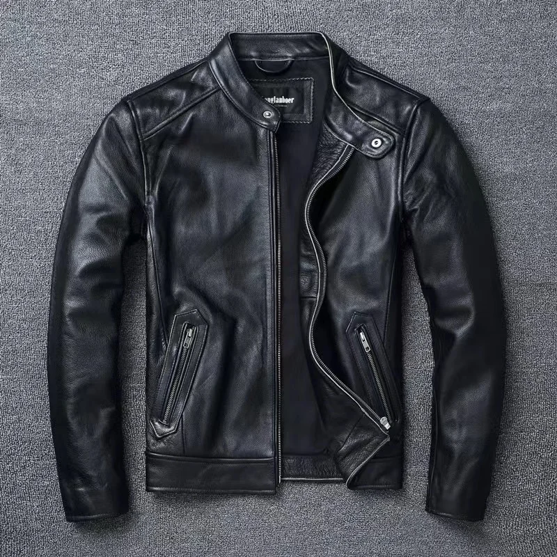 

Men Cafe Racer Jackets Black Vintage Motorcycle Jacket Retro Stand Collar Motorbiker Cowhide Leather Clothing Winter Size 6XL