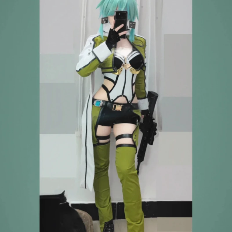 SAO Sword Art Online GGO Sinon Cosplay Costume Black Hooded Jacket Utility Belt Knee Pads Pouch Set For Women Halloween Party view 5