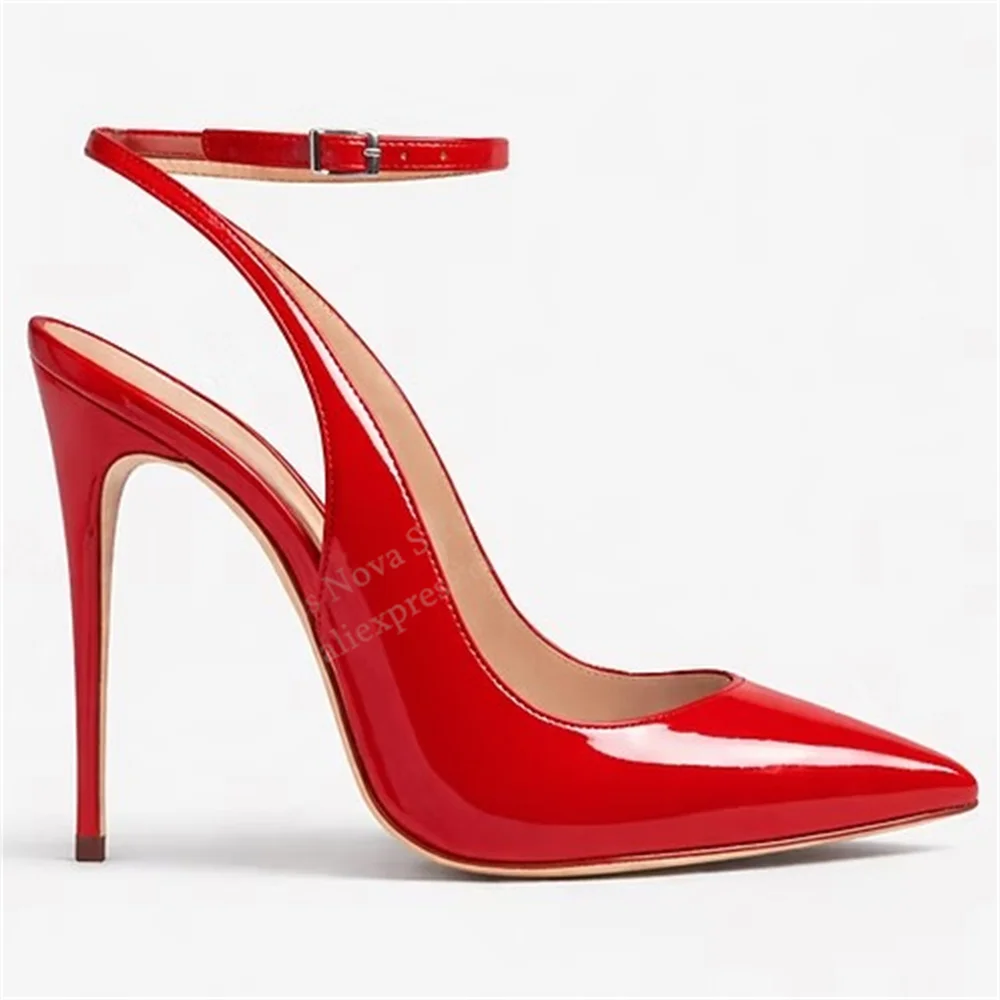 

Красные лакированные туфли-лодочки на шпильке с ремешком на пятке, женские, сексуальные, с острым носком, на тонком каблуке, с пряжкой, элегантные, однотонные, для вечеринок и торжественных мероприятий