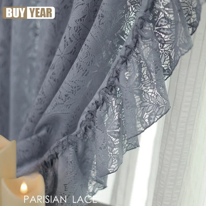 

French Light Luxury Blue Hollow Lace Window Screen Light-impermeable White Window Screen Curtains For Living Dining Room Bedroom