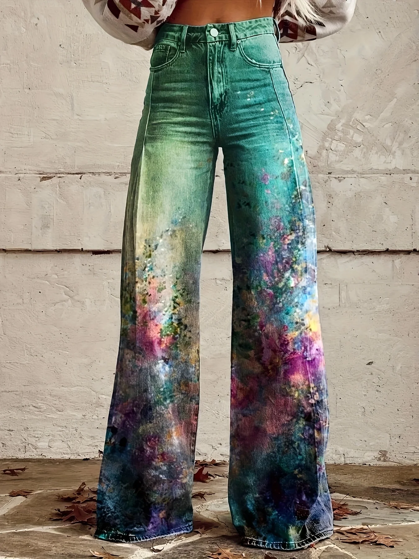 2026 Women's imitation jeans with printed high waisted flared pants, Ladies' non stretch wide leg jeans - bold graffiti print