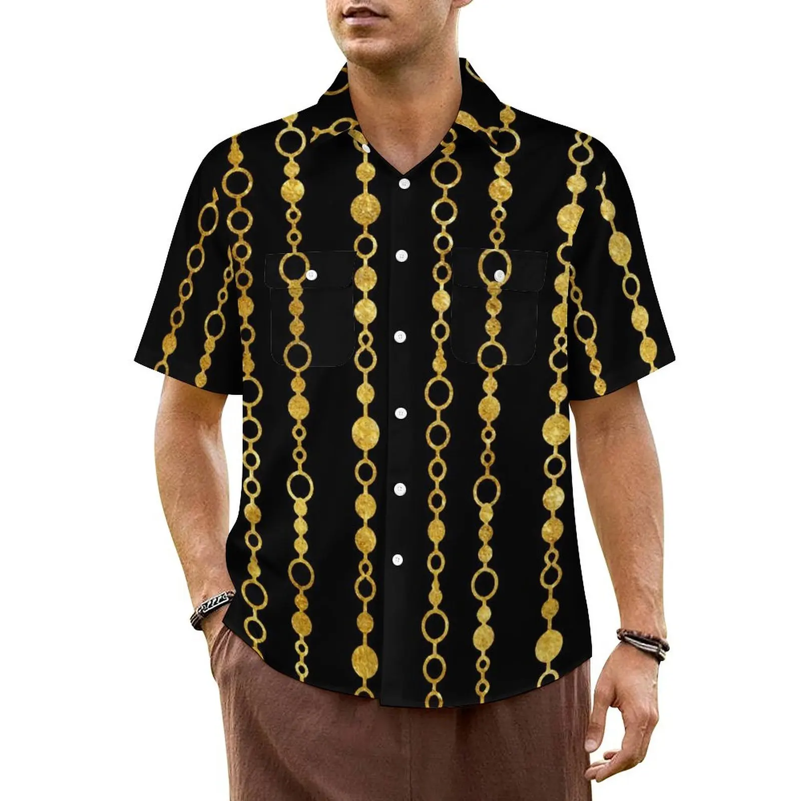 

Gold Chains Hawaii Shirt For Men Vacation Golden Stripes Print Casual Shirts Short Sleeve Stylish Classic Oversize Blouses